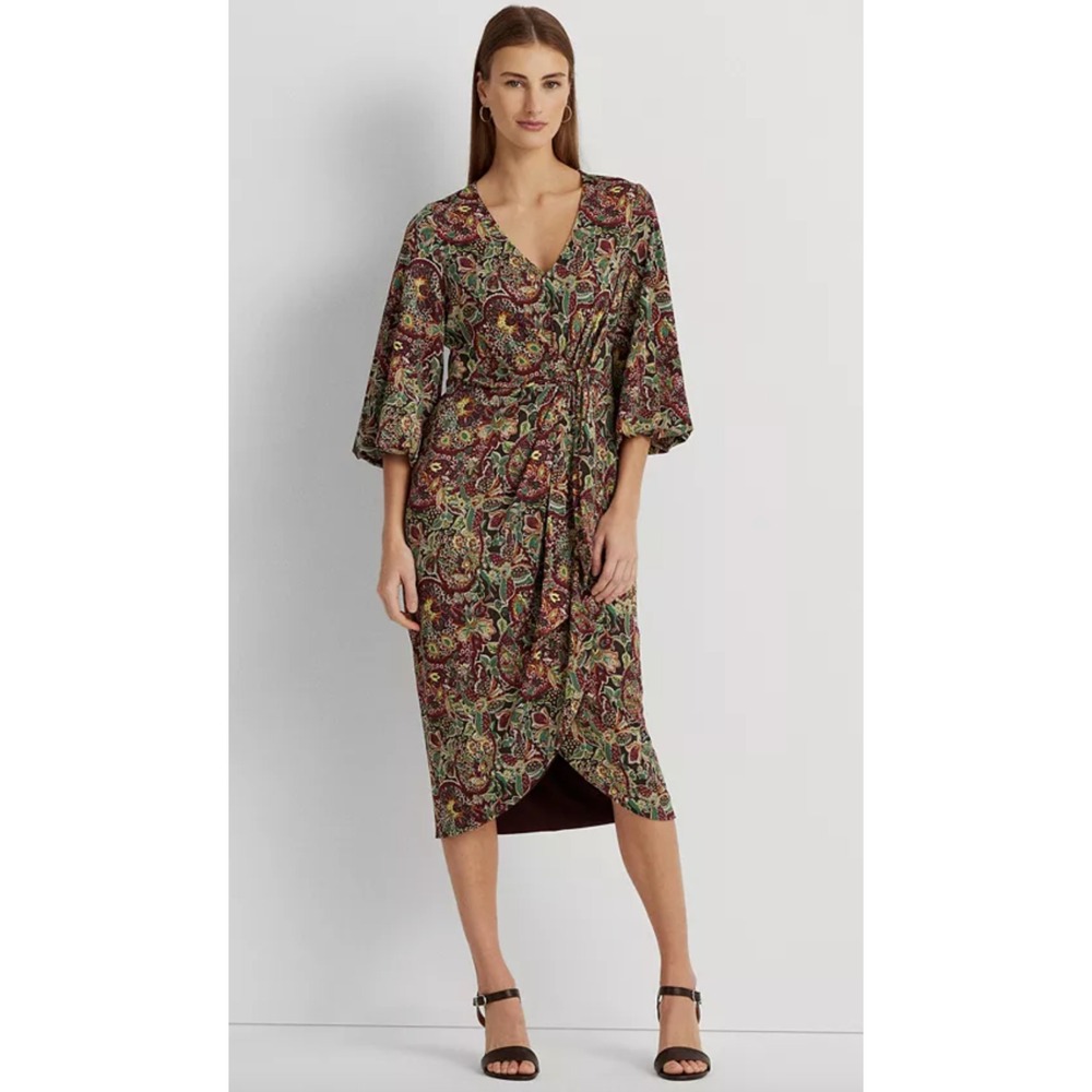 Lauren Ralph‎ Lauren Women's Jersey Tie Front Midi Dress Size 14 Red Floral NWT